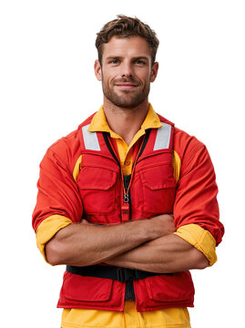 Male paramedic or rescue worker in red uniform with crossed arms isolated on white background