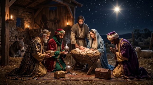 Mary and Joseph with infant Jesus as three wise men present gifts in a stable beneath the Star of Bethlehem. Nativity scene. Biblical Christmas story. Christian faith and worship.