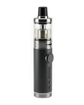 Modern electronic cigarette device with black textured finish and metallic accents isolated on transparent background