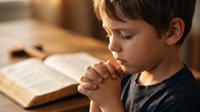 Young boy praying beside an open Bible. Christian faith and childhood spirituality. Personal prayer, worship and religious devotion. Bible study and Christian education.