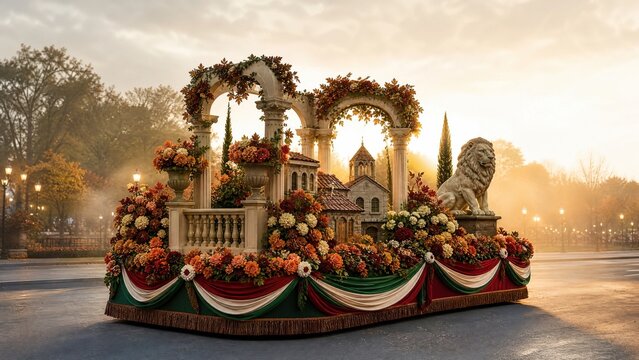 Elaborate parade float with classical architecture and floral decorations