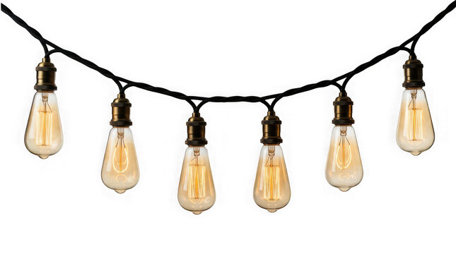 Vintage light bulb string garland isolated on transparent background