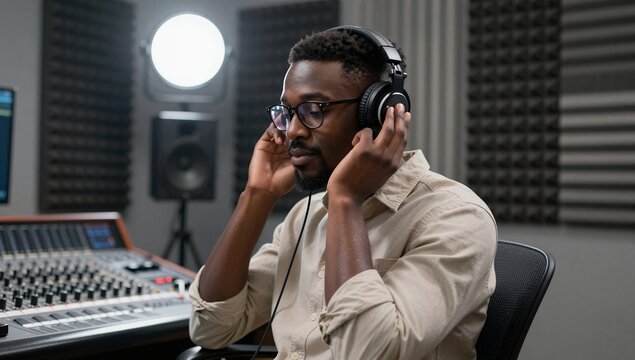 Young African American Male Audio Engineer Wearing Glasses and Headphones Listening to Music in Professional Sound Recording Studio with Mixing Console and Acoustic Foam Panels