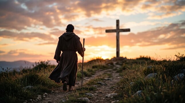 Robe-clad person walking toward a wooden cross on a hilltop path at sunset. Christian faith and spiritual journey. Religious symbolism, pilgrimage and devotion. Hope and reflection.