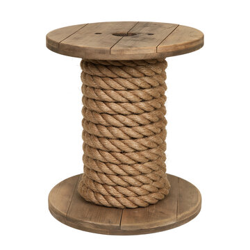 Large wooden cable drum spool wrapped with rope isolated on white background