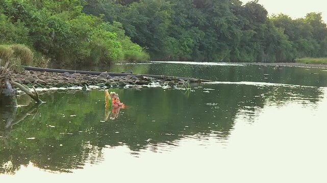Submerged Lord Ganpati Murti After Ganesh Visarjan: A half-dipped idol rests in a shrunken, shallow rural river during a drought season, highlighting pressing issues of water hygiene.