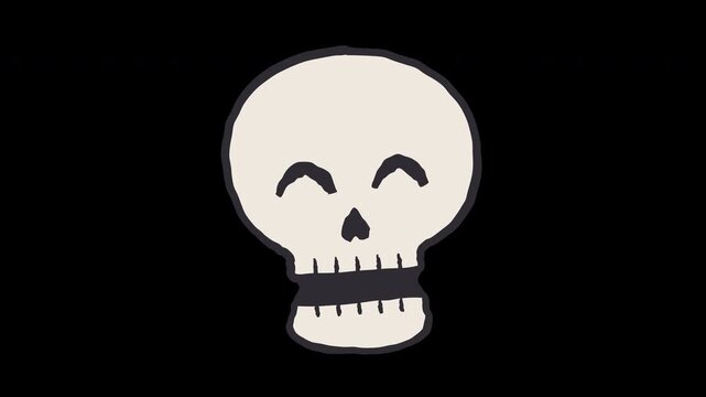 Cartoon skull laughing in a funny cute doodle drawing for overlay stop motion animated loop transparent background