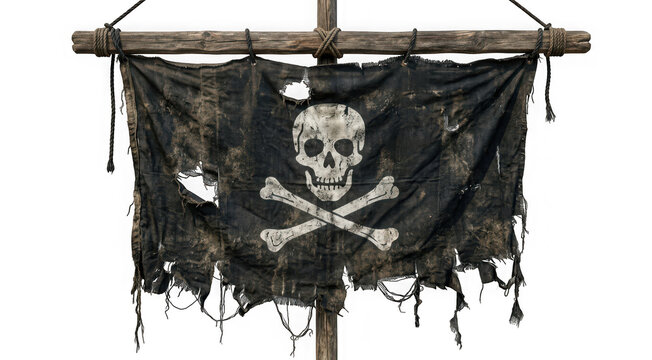 Tattered pirate flag with skull and crossbones hanging on a wooden pole, isolated on transparent background
