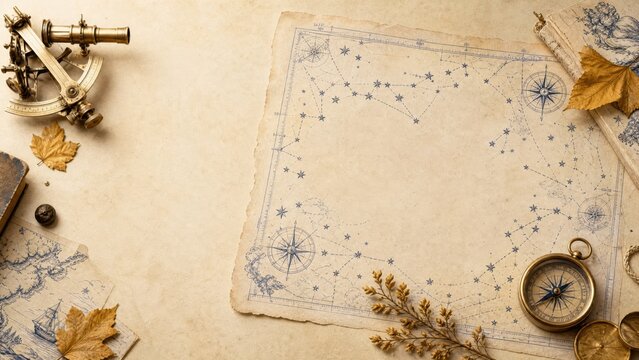 Vintage treasure map with compass and ship illustration on aged parchment