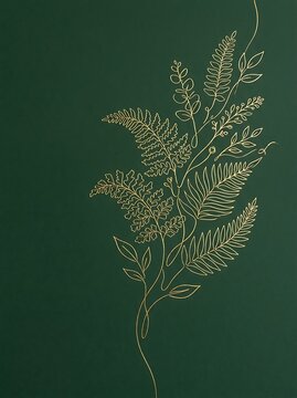 Gold Line Art Botanical Branch on Dark Green Wall Background