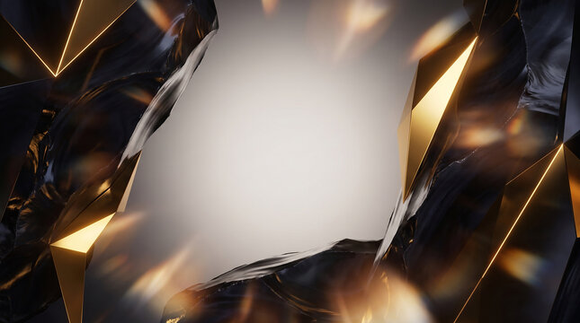 Abstract crystal shards background with gold and dark elements.