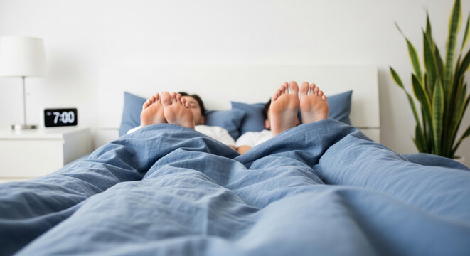 Feet peeking from beneath blue bedding, with a digital clock and plant in the background, symbolizing rest, morning, and relaxation.