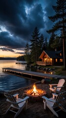 Fototapeta premium Cosy wooden log cabin by calm lake at sunset. People relax near outdoor fire pit with white chairs on sandy shore. Peaceful twilight scenery with forest trees, wooden dock, dark dramatic storm clouds