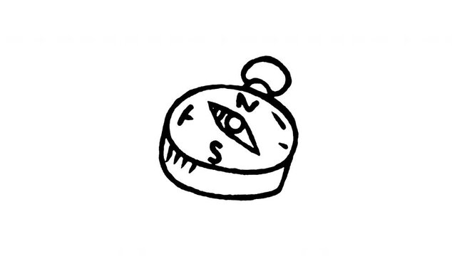 Animated doodle icon of a magnetic direction compass dial for outdoor navigation and orientation.