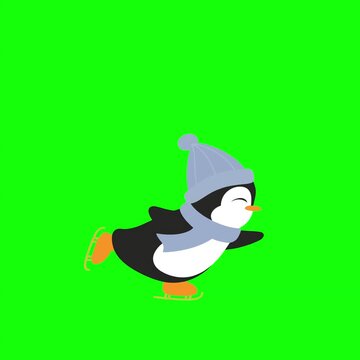 Cartoon penguin ice skating on green screen background