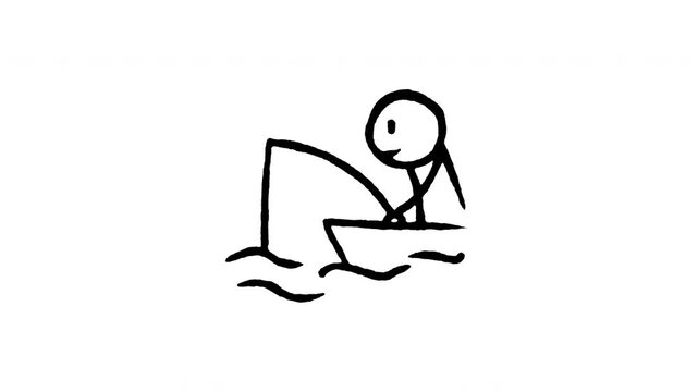 Animated doodle icon of a fisherman holding a fishing rod on a boat catching fish.