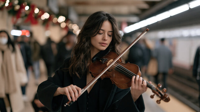 A violinist busking in a subway station notices her instrument case being quietly dragged away by a crouching figure behind her, surrounding commuters unaware, holiday decorations