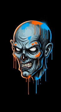 Close-up of a zombie head with dripping blue and orange paint, symbolizing horror, decay, and urban art.