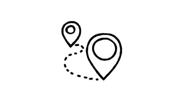 Animated doodle icon of two map location pins connected by a dashed route path line.