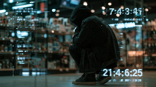 Security camera freeze frame effect showing a grainy surveillance image of a crouching figure inside an empty retail store after hours, timestamp overlay and motion blur conveying