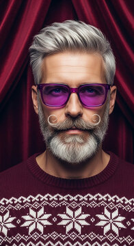 Portrait of a man with grey hair and beard wearing purple glasses and a patterned sweater, symbolic of mature style and holiday cheer