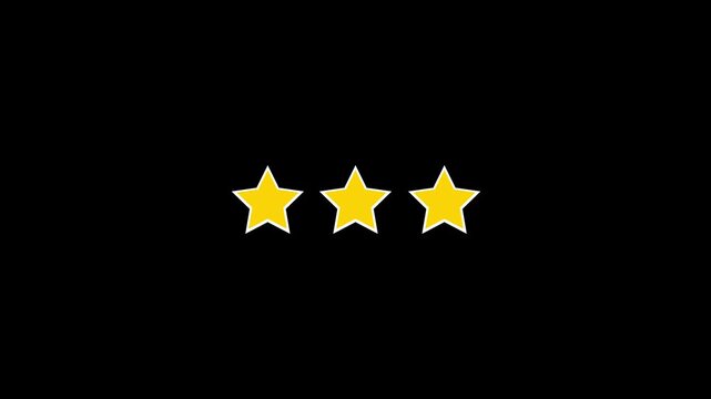 Three Yellow Gold Stars Customer Rating and Review Animation Over Dark Background for Service Feedback, Average Quality Score, Reputation, Business Ranking, and Evaluation Concept