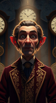 Stylized portrait of a man with exaggerated ears and wide eyes, wearing a detailed burgundy coat with gold trim, symbolizing eccentricity and mystery