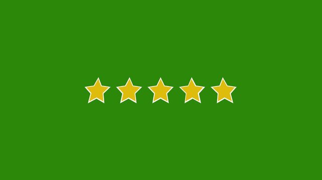 Five Yellow Gold Stars Customer Rating and Review Animation Over Green Screen Chroma Key Background for Service Feedback, Quality Score, Reputation, Business Success, and Ranking Concept