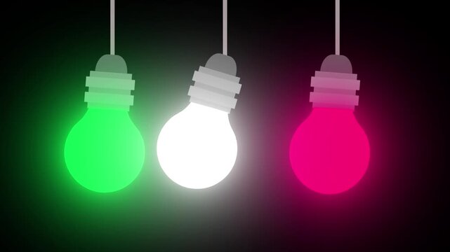 Three glowing colorful light bulbs (green, white, pink) swinging and hitting each other on a dark background.