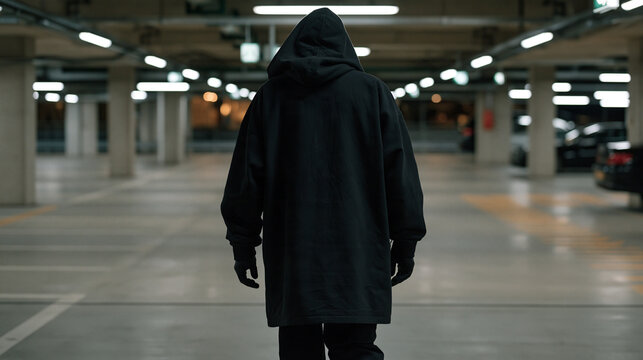 Grainy security camera footage aesthetic of a hooded figure moving through an empty parking garage, timestamp overlay, CCTV surveillance concept, burglary evidence, security
