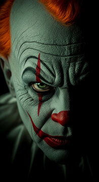Close-up of a pale, cracked face with exaggerated red makeup, symbolizing fear, horror, and a sinister presence.