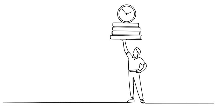 Continuous one line drawing of a person holding a stack of books with a clock on top isolated on a white background isolated on transparent background, Vector