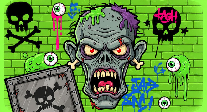Cartoon zombie head with dripping slime, skulls, and eyeballs on a lime green brick wall, representing horror and urban art
