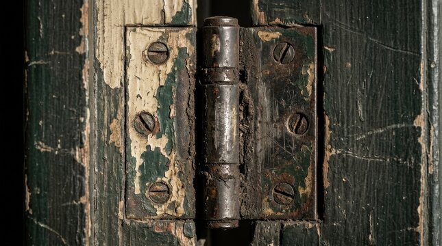 Old rusty metal door hinge attached to a weathered green wooden door frame