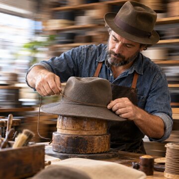 Hatmaker Shaping Felt Hat by Hand