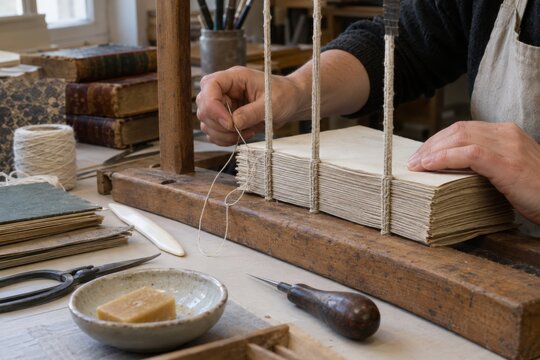Bookbinder Sewing Pages by Hand