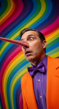 Man with extended striped nose on vibrant rainbow background, symbolizing deceit or storytelling with a playful, surreal artistic concept