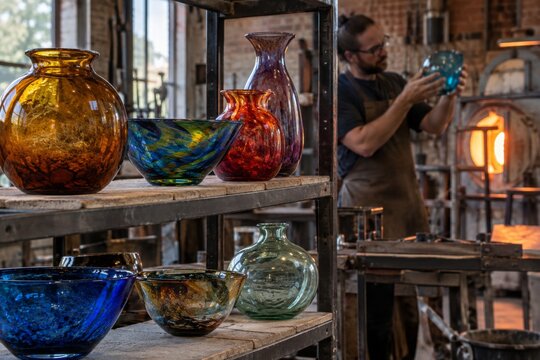 Colorful Handblown Glassware in Workshop