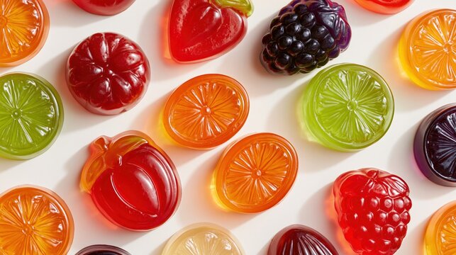 Bright jelly fruit assortment features blackberry strawberry citrus and lime shapes