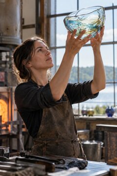 Artisan Inspecting Handblown Glass Vessel