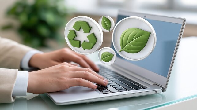 Person's hands typing on a laptop displaying environmental icons symbolizing sustainability and recycling.