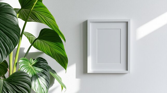 Small vertical blank frame surrounded by oversized green tropical leaves