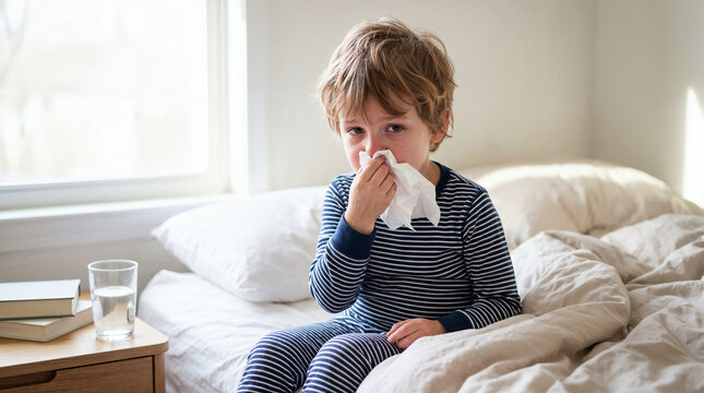 Sick young boy blowing his nose with tissue while resting in bed at home.