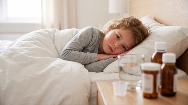 Sick young girl resting in bed with medicine and water during home recovery.