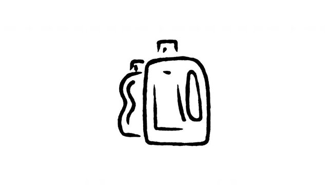 Animated doodle icon of a plastic liquid detergent jug bottle for laundry and cleaning.