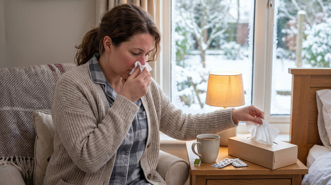 Woman suffering from winter cold symptoms using tissues and medication beside snowy bedroom window.