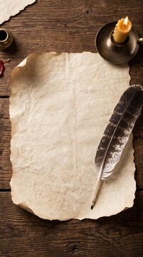 Ancient parchment paper with feather quill pen and candle on rustic wooden table