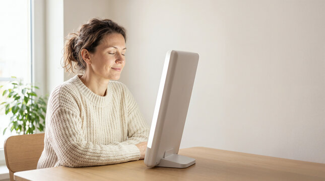 Woman using bright light therapy lamp at home for winter mood and seasonal wellness, with copy space.