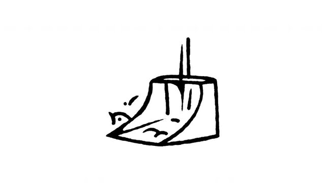 Animated doodle icon of a plastic floor dustpan for collecting swept dirt debris.
