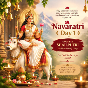 Hindu goddess Shailaputri riding a sacred white bull during Navaratri day one festival celebration digital artwork